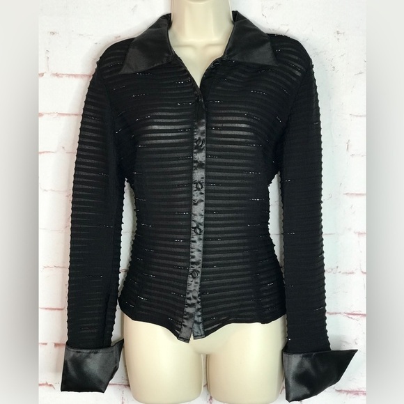 JS COLLECTIONS Evening Black Semi Sheer Satin French Cuff Beaded Blouse Size 10 - Picture 14 of 15